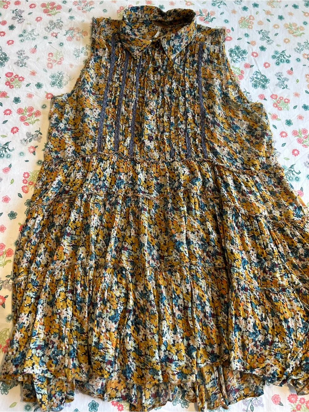 Free People Mustard Floral Tiered Sheer Sleeveless Tunic